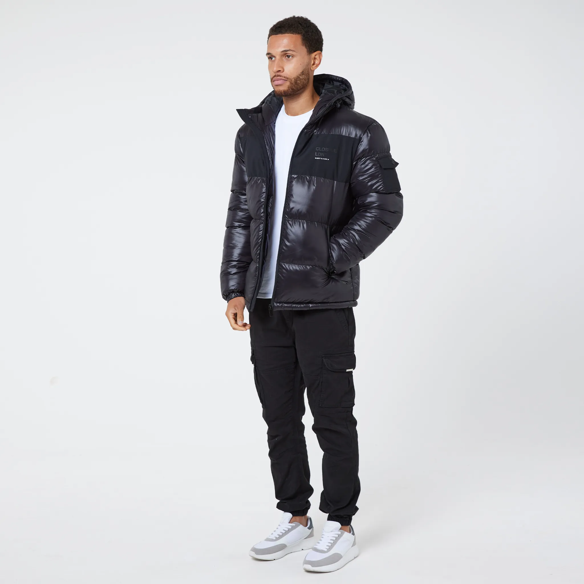Branded LDN Pocket Puffer Jacket | Black Shine Unisex Casual Fit