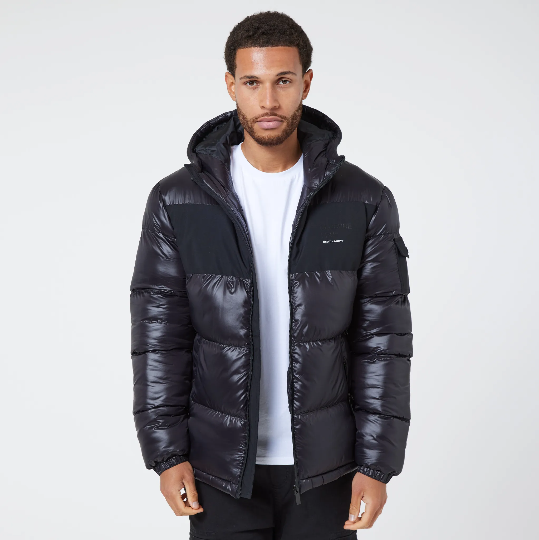 All weather Branded LDN Pocket Puffer Jacket | Black Shine