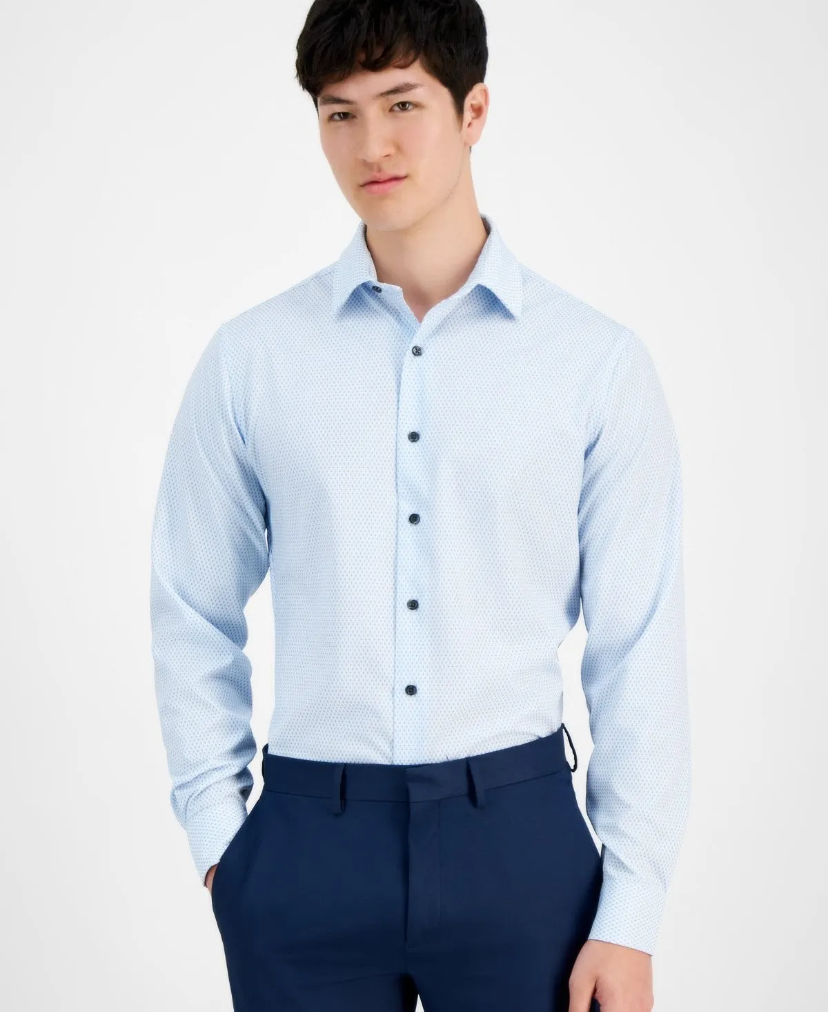 Alfani Dress Shirts Men's White Blue Nick Geo-Print Stretch Long Sleeve FTS78 Errand Ready Performance Fabric