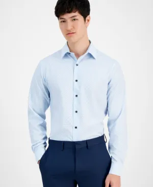 Alfani Dress Shirts Men's White Blue Nick Geo-Print Stretch Long Sleeve FTS78 Errand Ready Performance Fabric