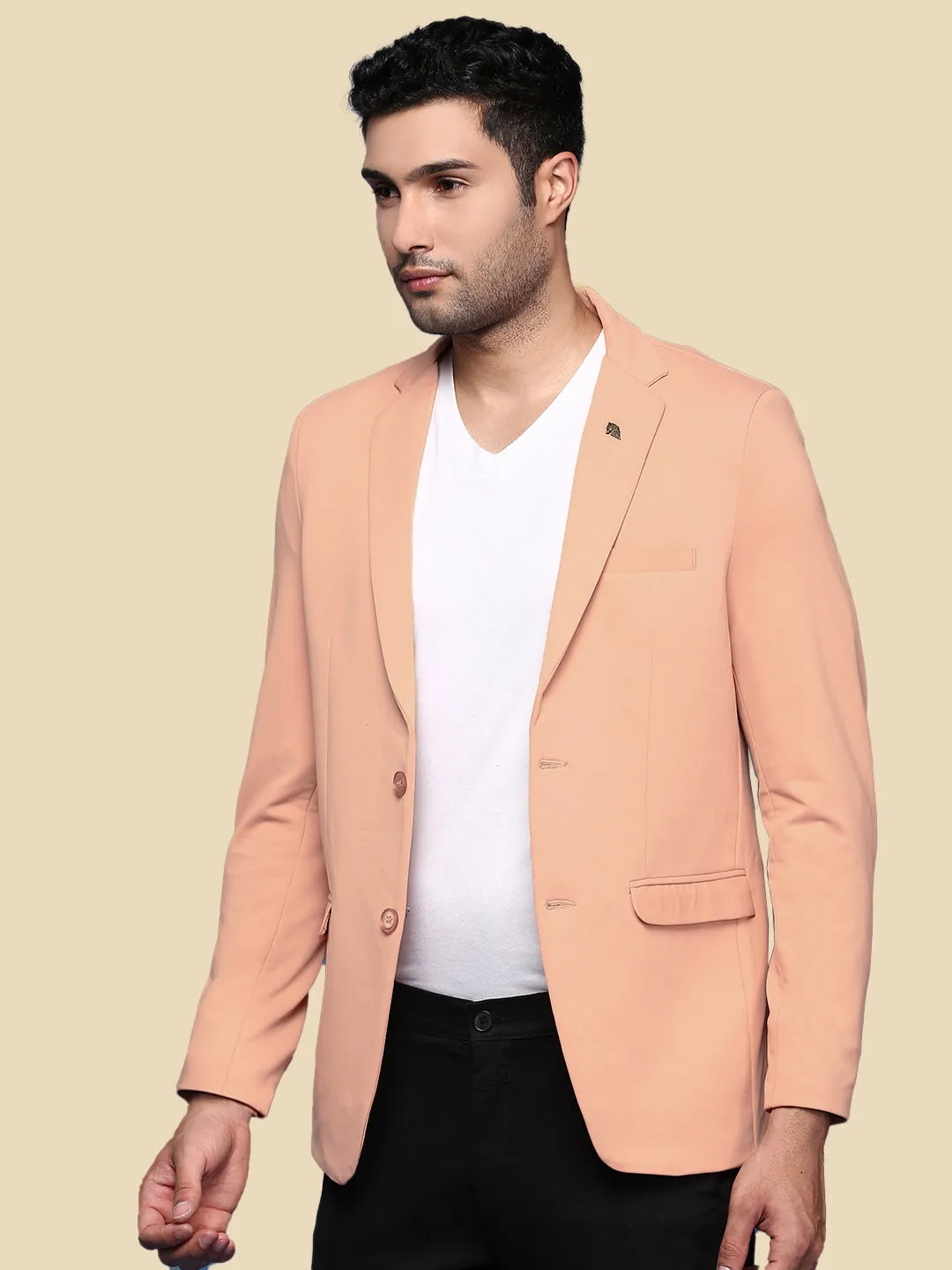 Abrasion Resistant Panels Men's Peach Solid Single Breasted Blazer
