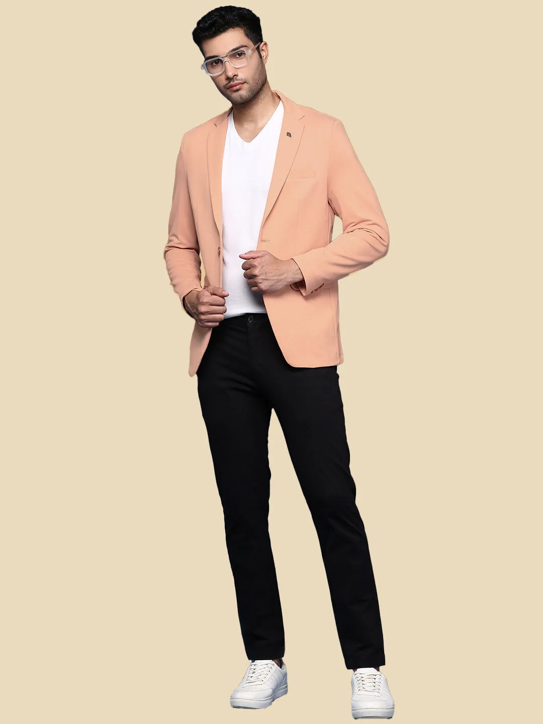 Multipurpose Layering Men's Peach Solid Single Breasted Blazer