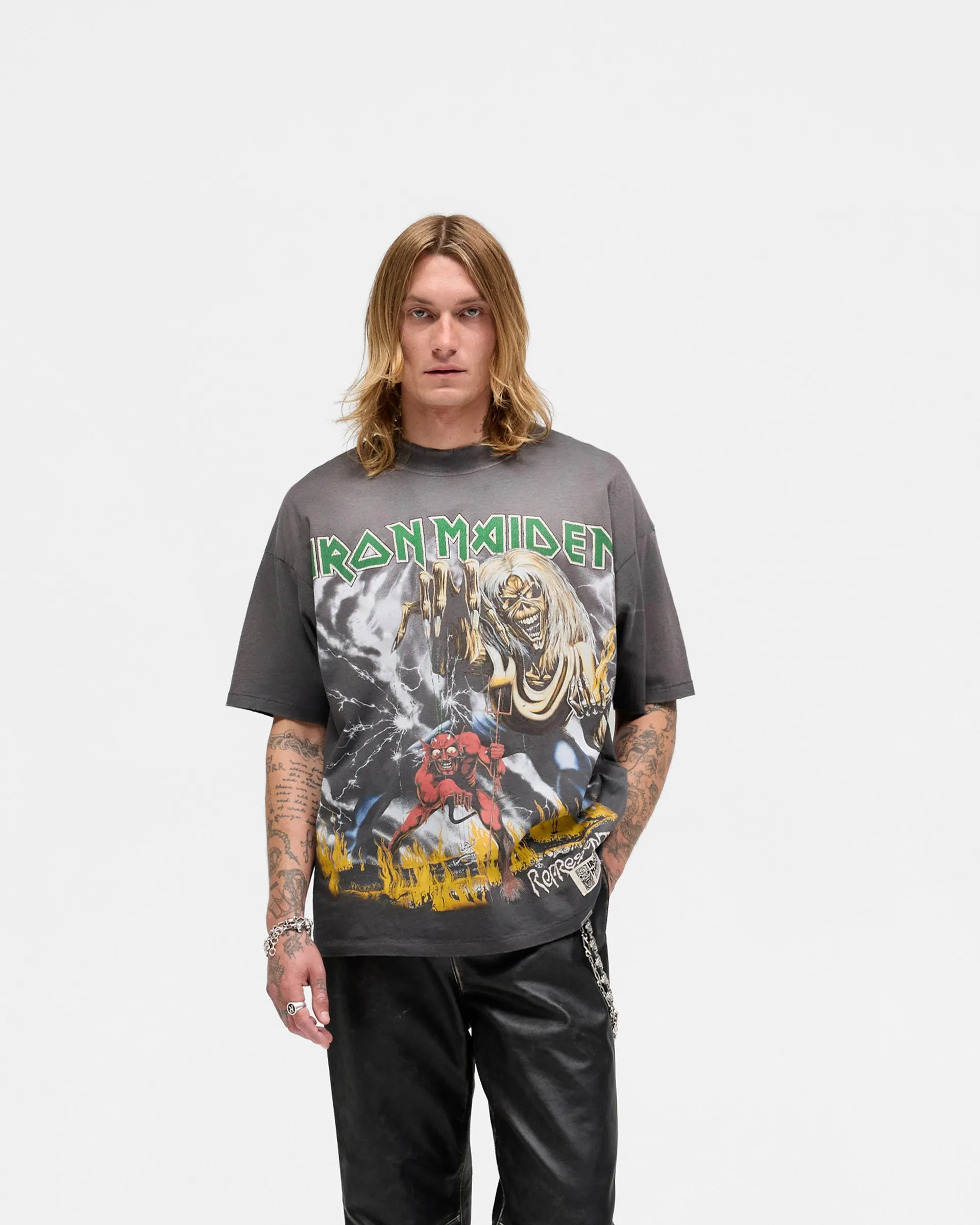 Seasonal Trend Represent X Iron Maiden Number Of Beast T-Shirt - Sunfade Grey