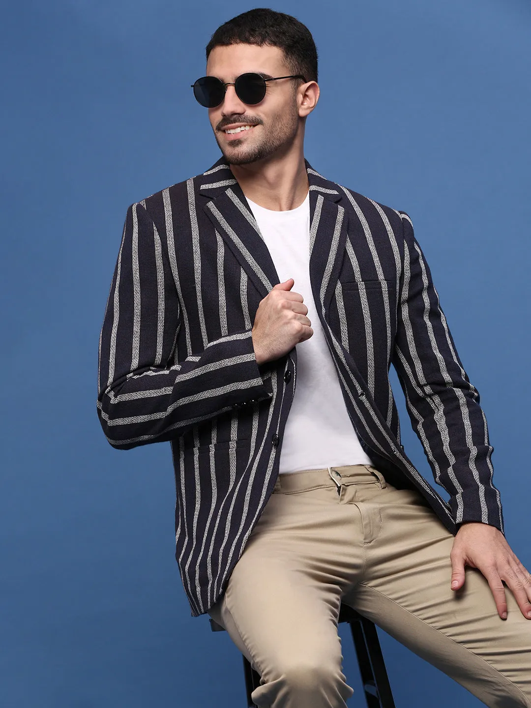Men's Navy Blue Slim Fit Single-Breasted Checked Notched Lapel Cotton Blazers FoldableStorageCapability Comfortable Urban Piece