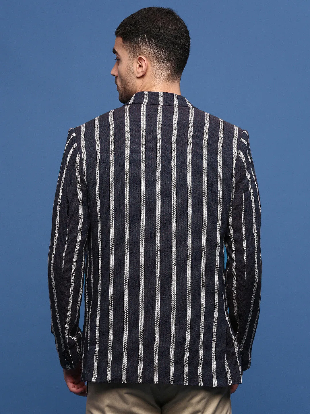 WeatherproofCoating Men's Navy Blue Slim Fit Single-Breasted Checked Notched Lapel Cotton Blazers