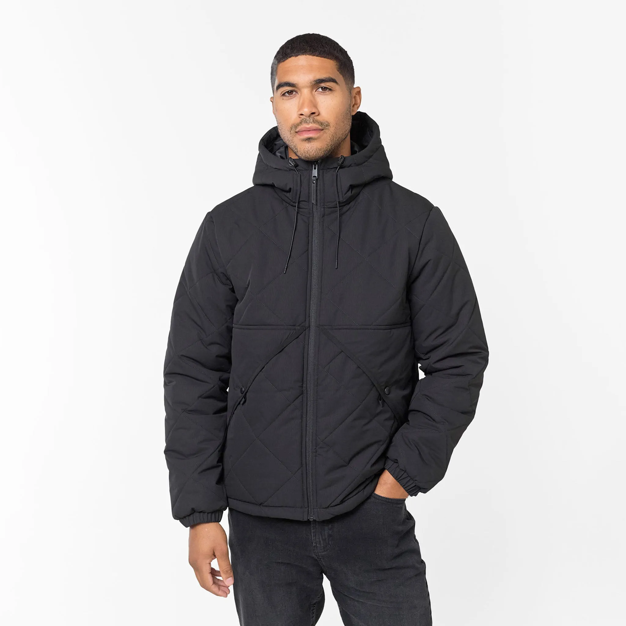 Mesh Venting Diamond Quilted Pocket Puffer Jacket | Black