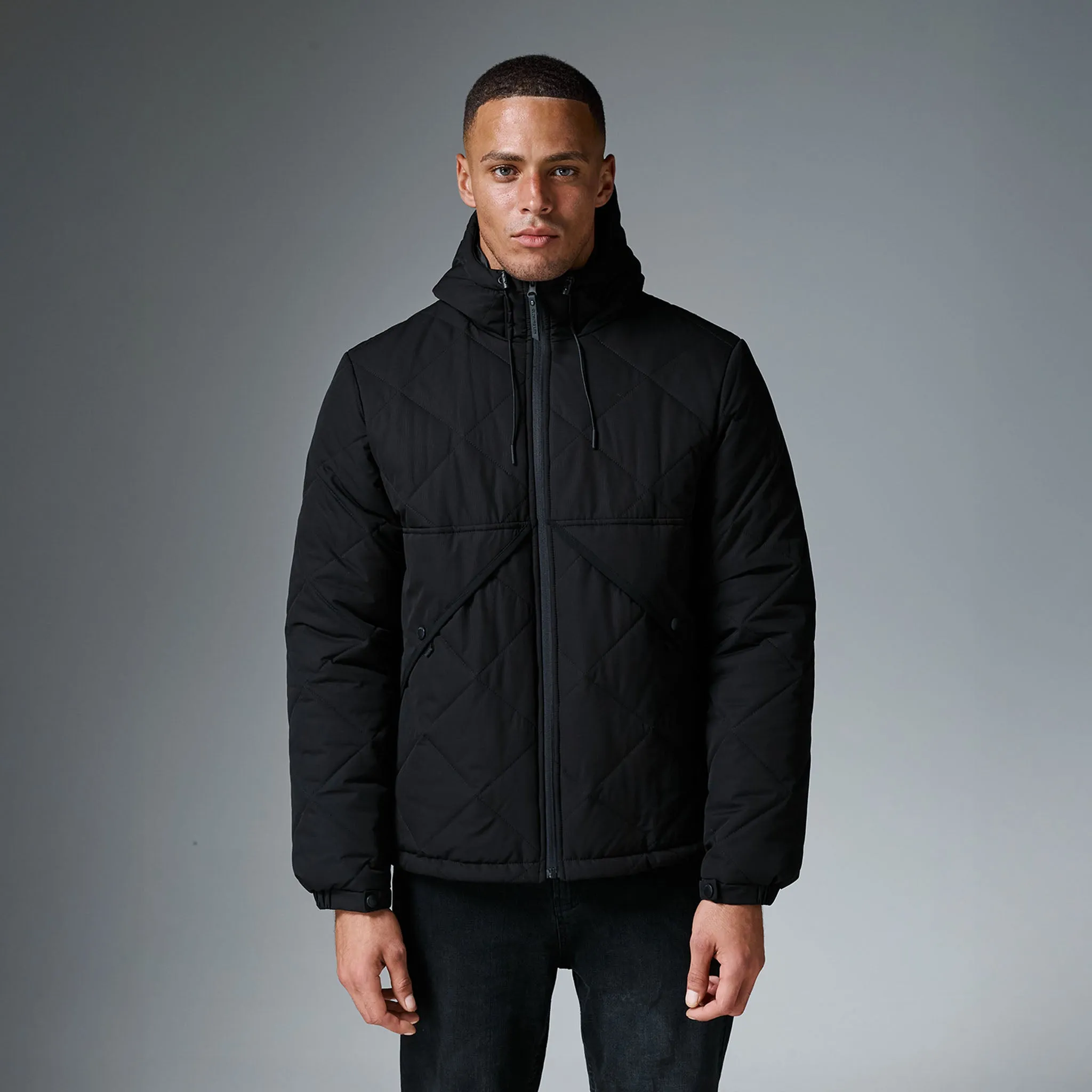 Travel Ready Heat Resistant Fabric Diamond Quilted Pocket Puffer Jacket | Black