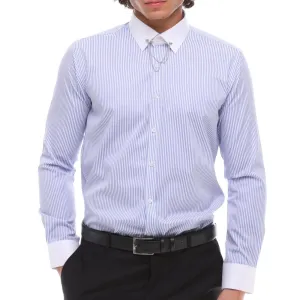 Versatile Layering Piece Perfect Look Light Blue Stripe Button Down Poplin Shirt With Bar & Chain