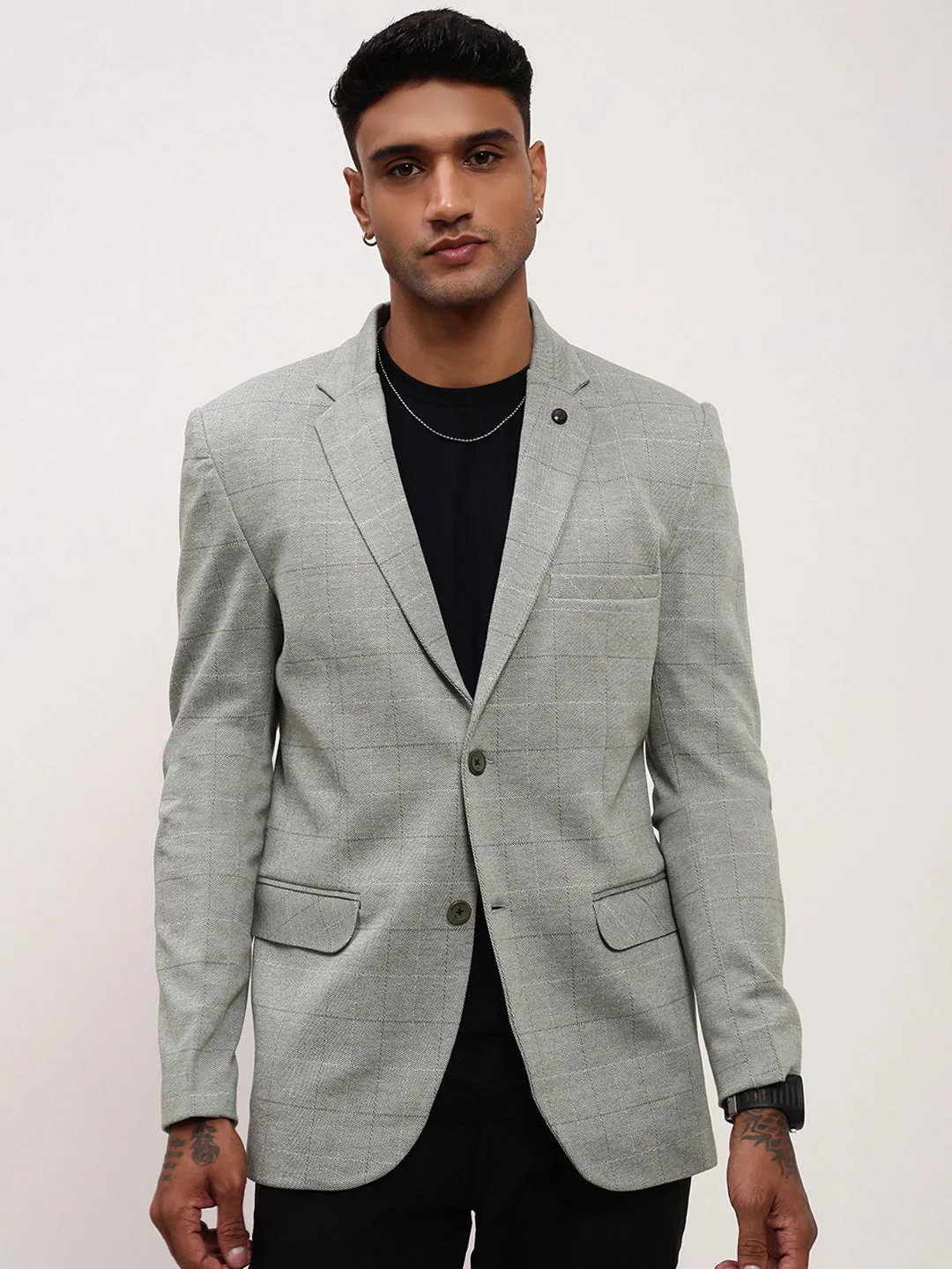 Elastic Cuff Adjustment Men's Grey Checked Single Breasted Slim-Fit Blazer