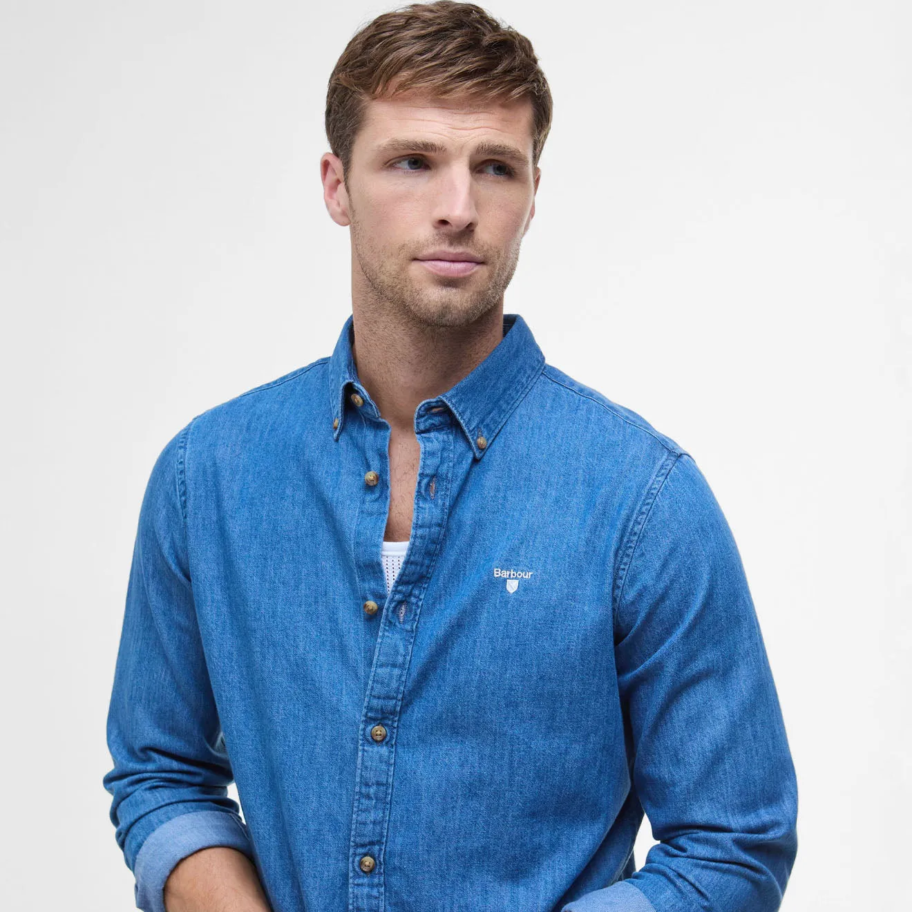 Polished Finish Coffee Run Barbour Chambray Crest Tailored Fit Shirt Chambray