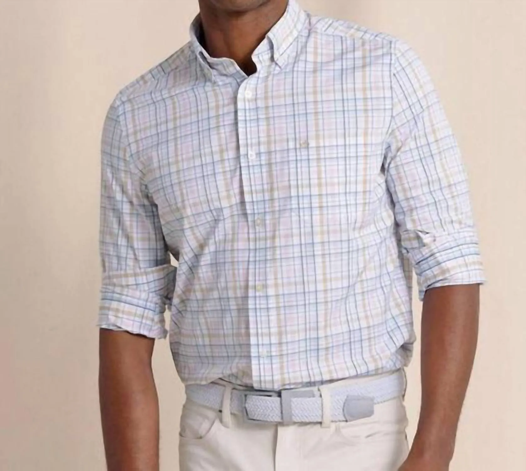 Morris Island Brrr Intercoastal Plaid Long Sleeve Sport Shirt In Parfait Pink Vintage Wash Soft Stretch Collar