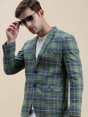 Men's Green Checked Notched Lapel Slim-Fit Single-Breasted Blazer Tactical Wear WrinkleFreeFinish