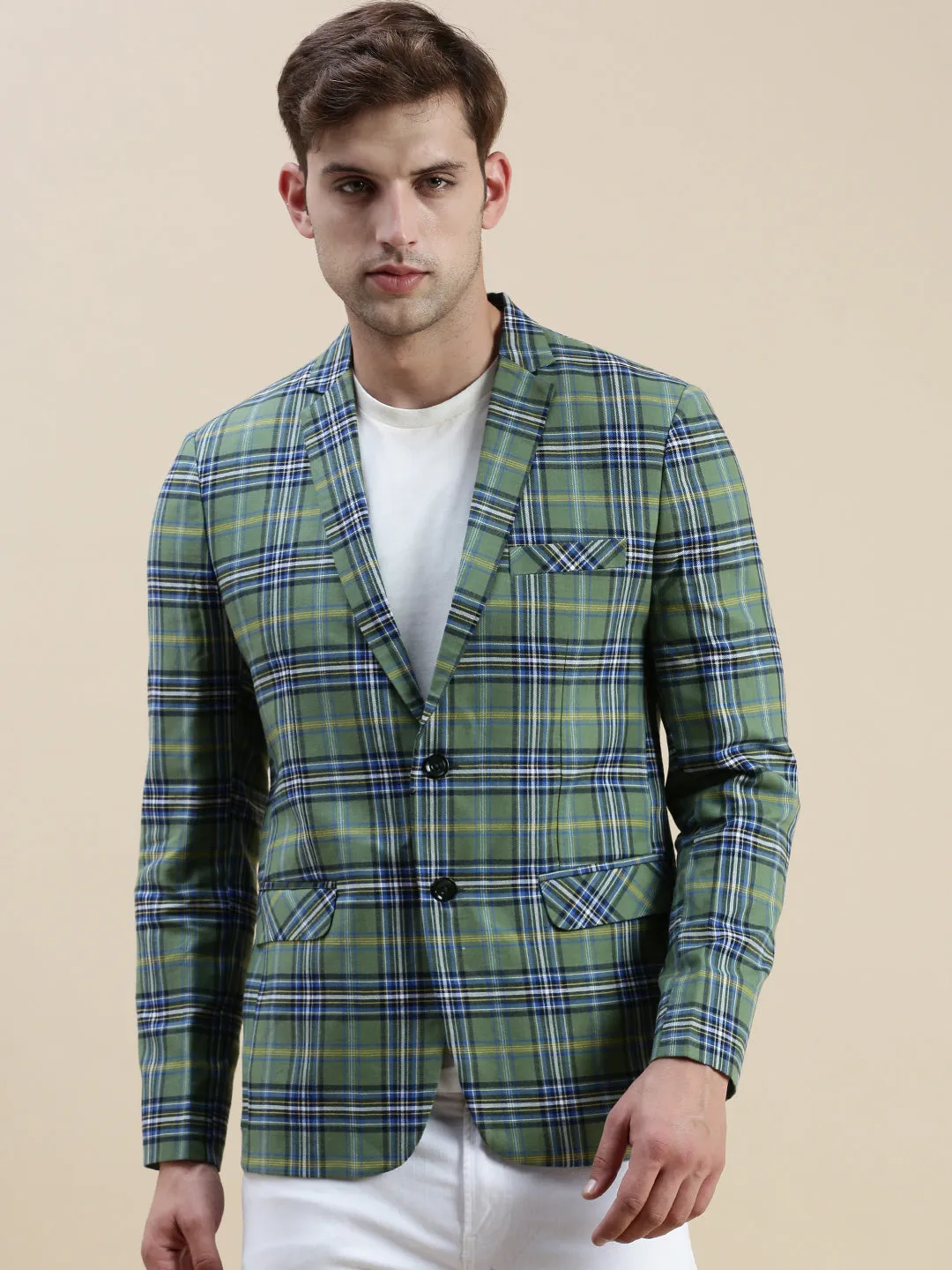 Convertible Cuff System Travel Commuter Layer Men's Green Checked Notched Lapel Slim-Fit Single-Breasted Blazer