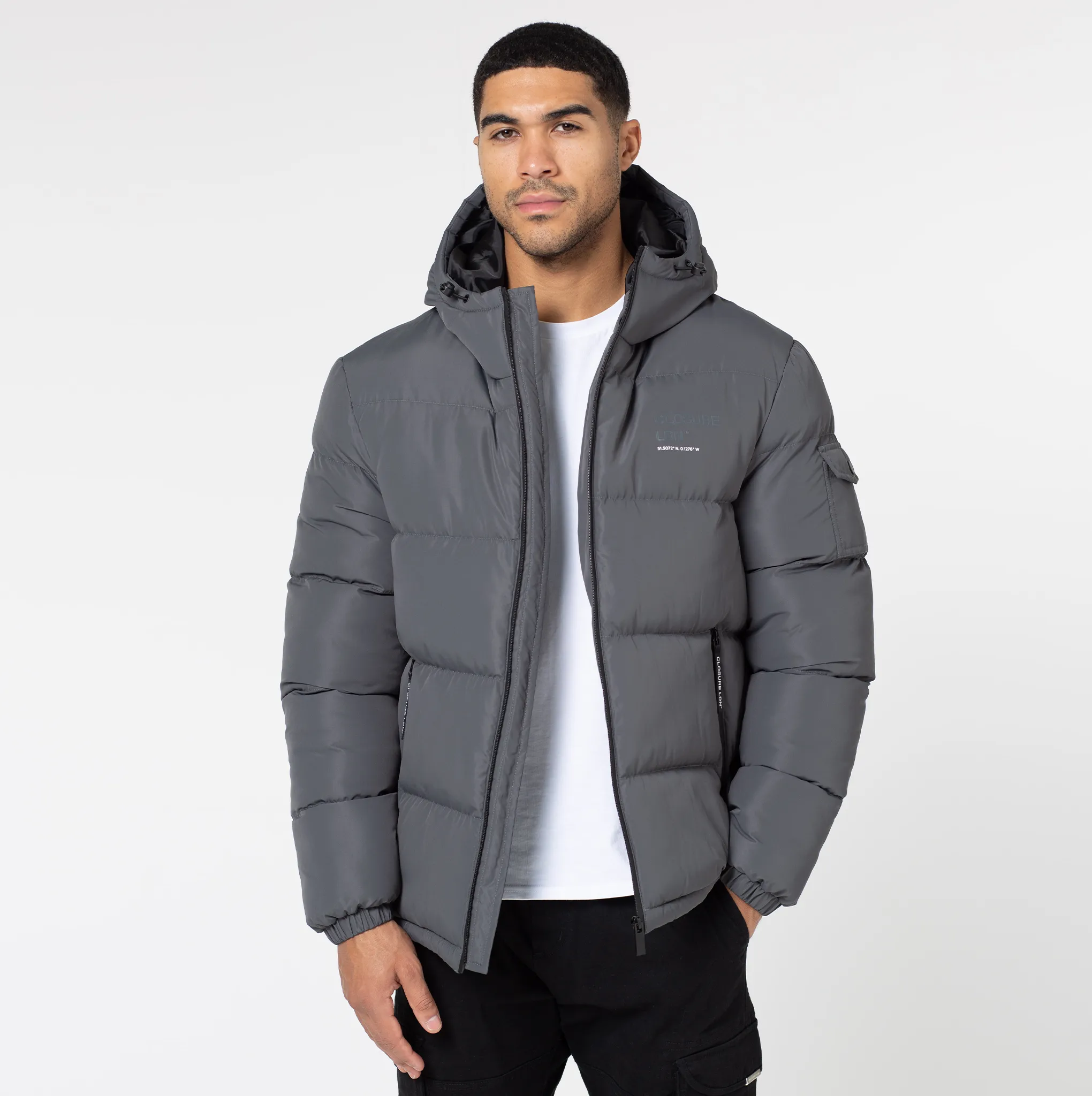 Body Mapped Ventilation Branded LDN Pocket Puffer Jacket | Charcoal