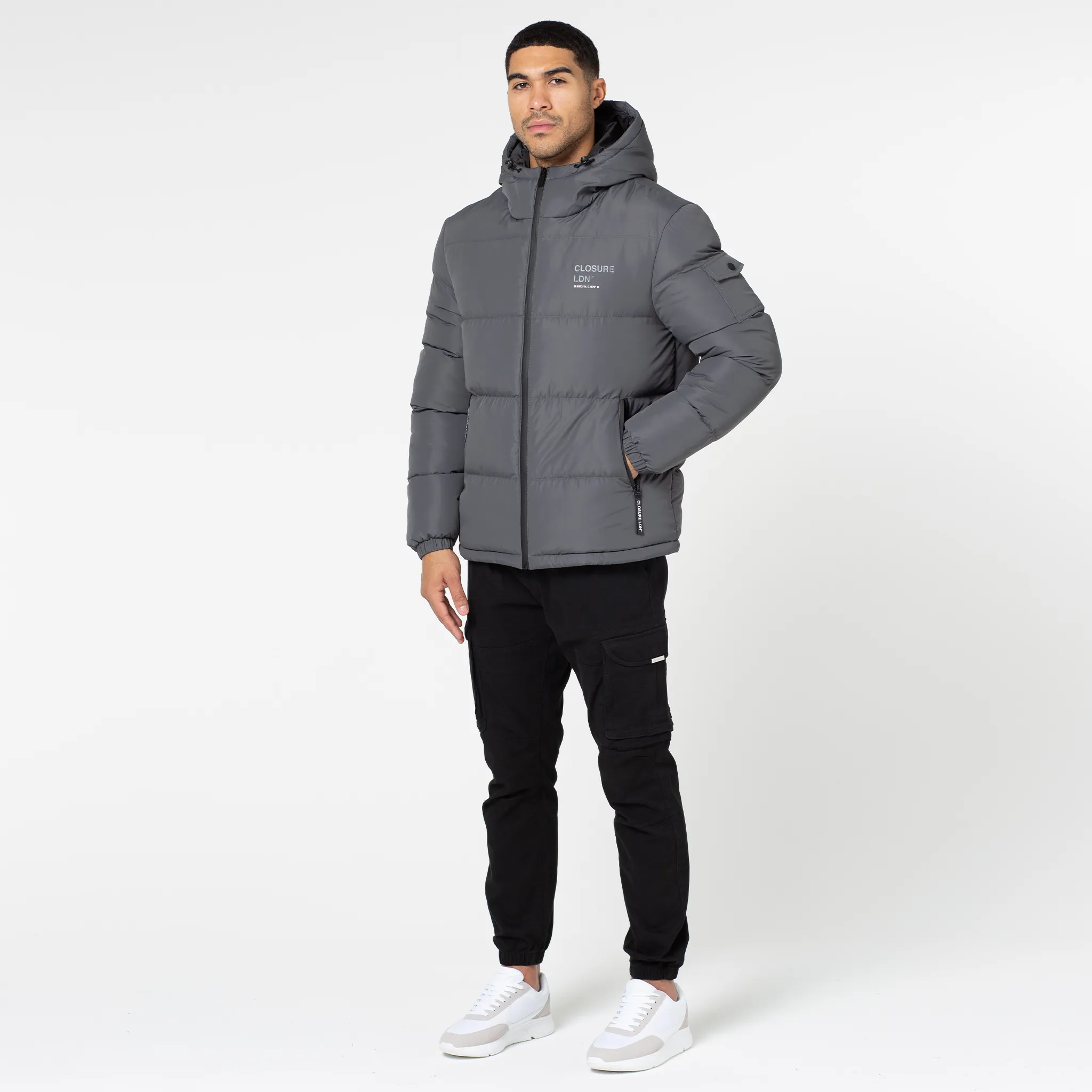 Branded LDN Pocket Puffer Jacket | Charcoal Elasticated Waistband Snow Day