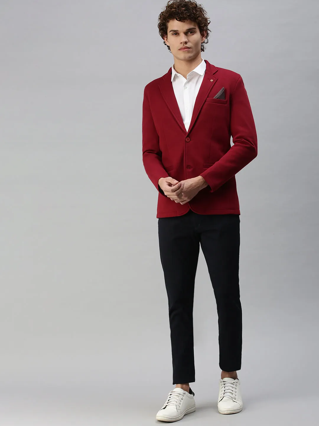 Men's Maroon Solid Single-Breasted Slim-Fit Blazer Chill Weather