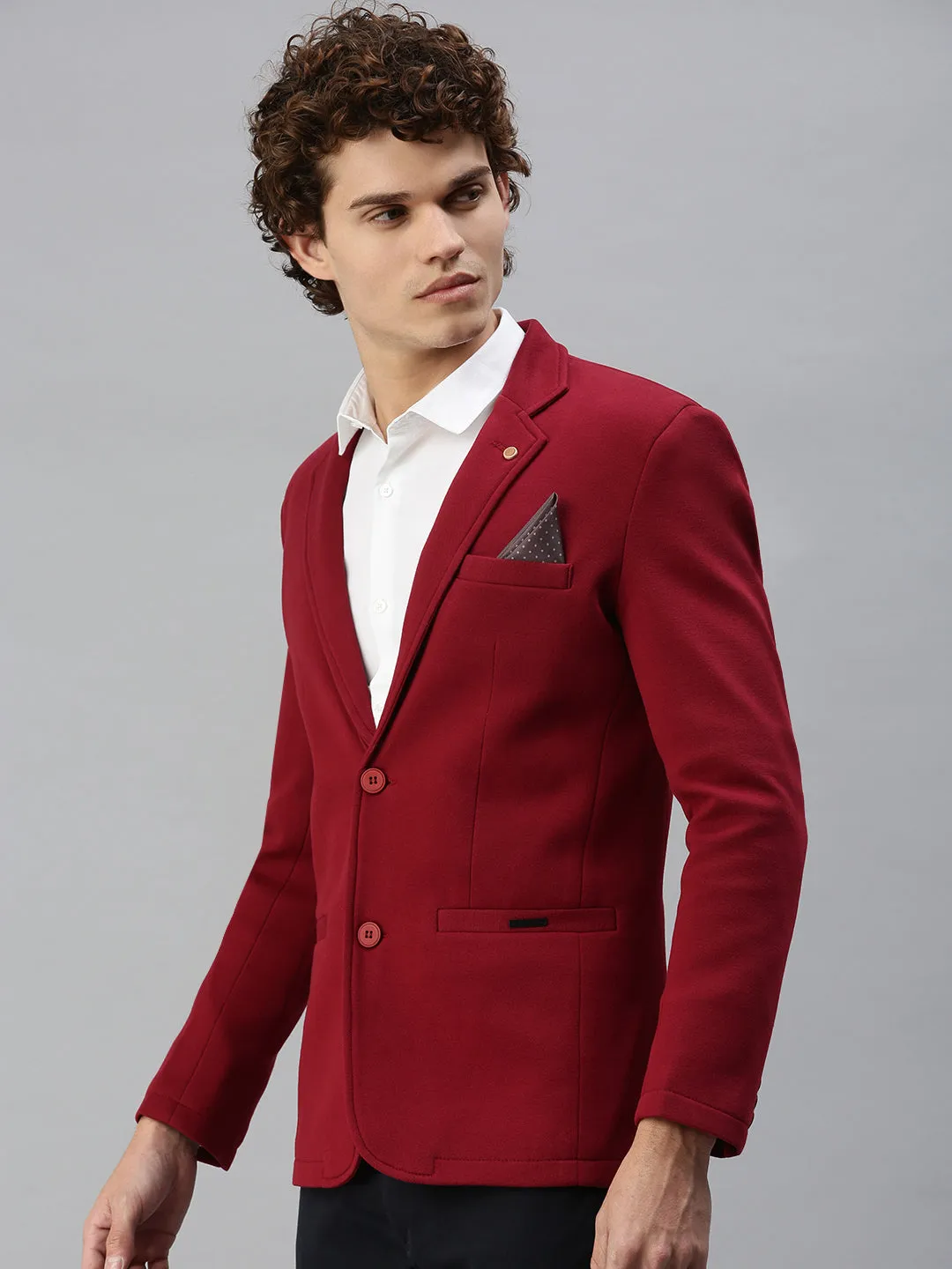 Sealed Seams Statement Outerwear Men's Maroon Solid Single-Breasted Slim-Fit Blazer