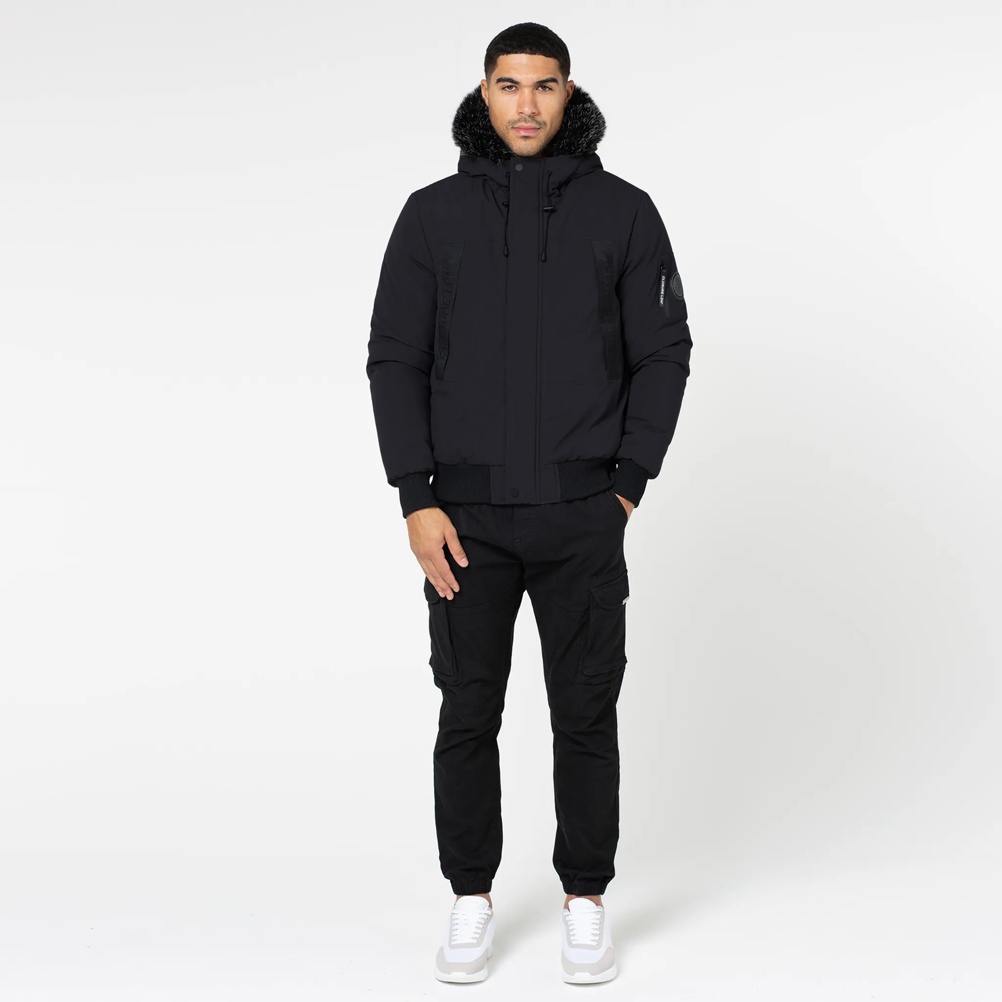 Taped Zip Pocket Short Puffer Jacket | Black Layered Collar Modular Design