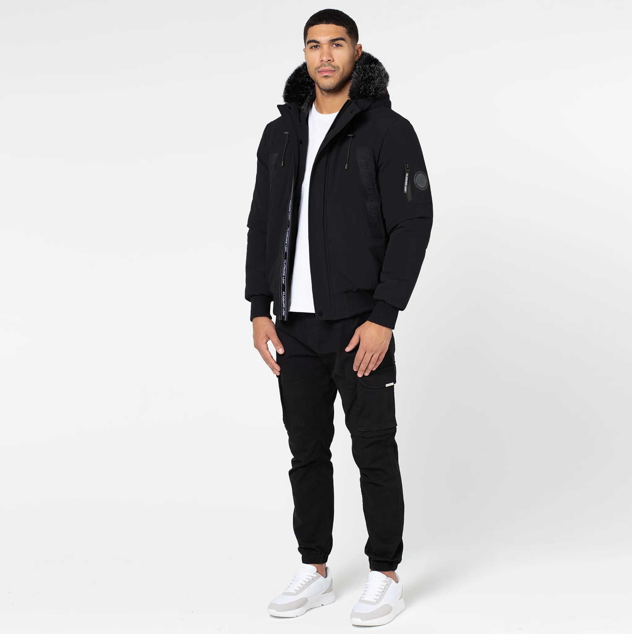 Taped Zip Pocket Short Puffer Jacket | Black Sustainable Recycled Material