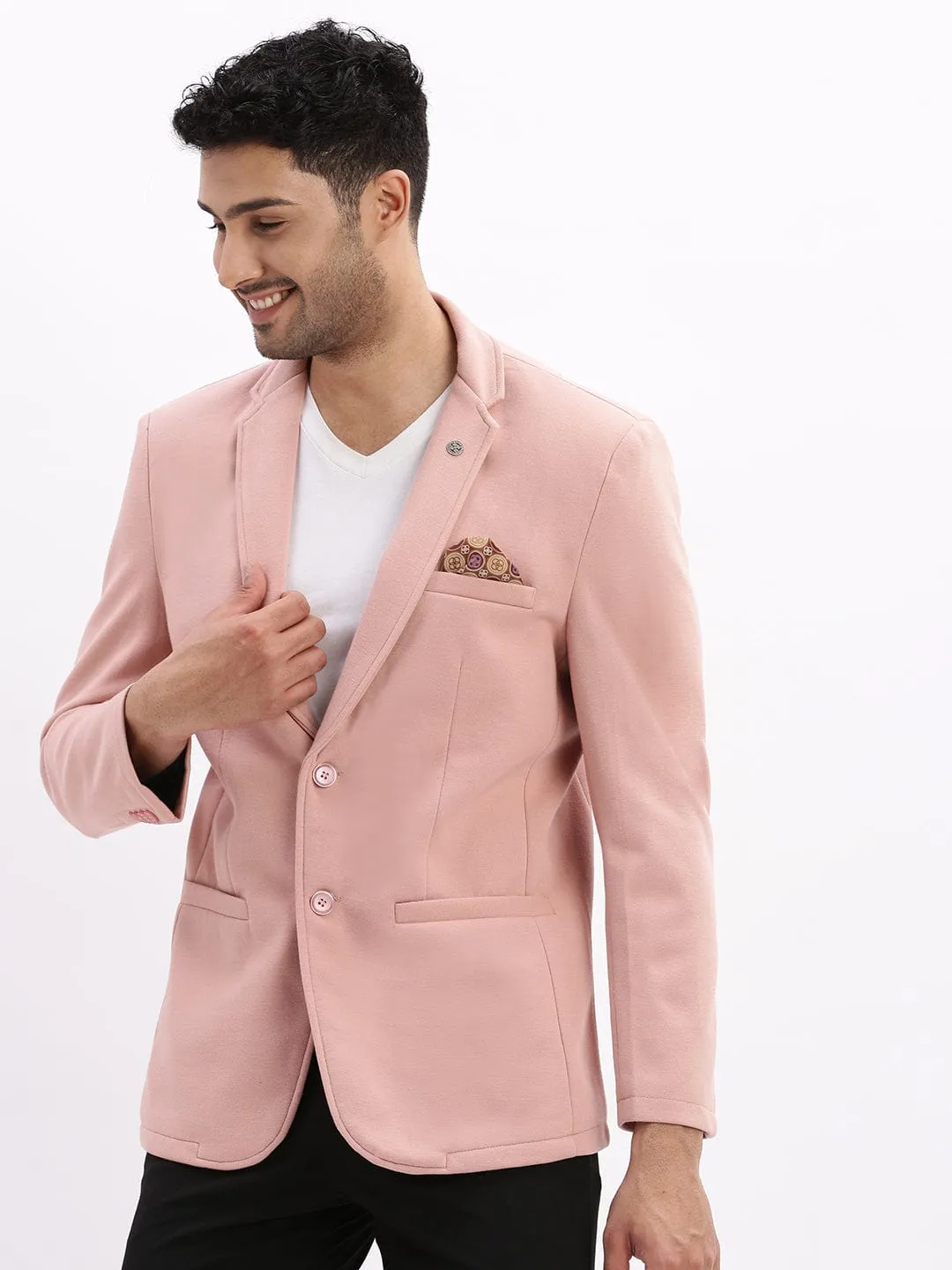 Men's Peach Slim-Fit Single-Breasted Notched Lapel Collar Casual Blazer Daily Wear
