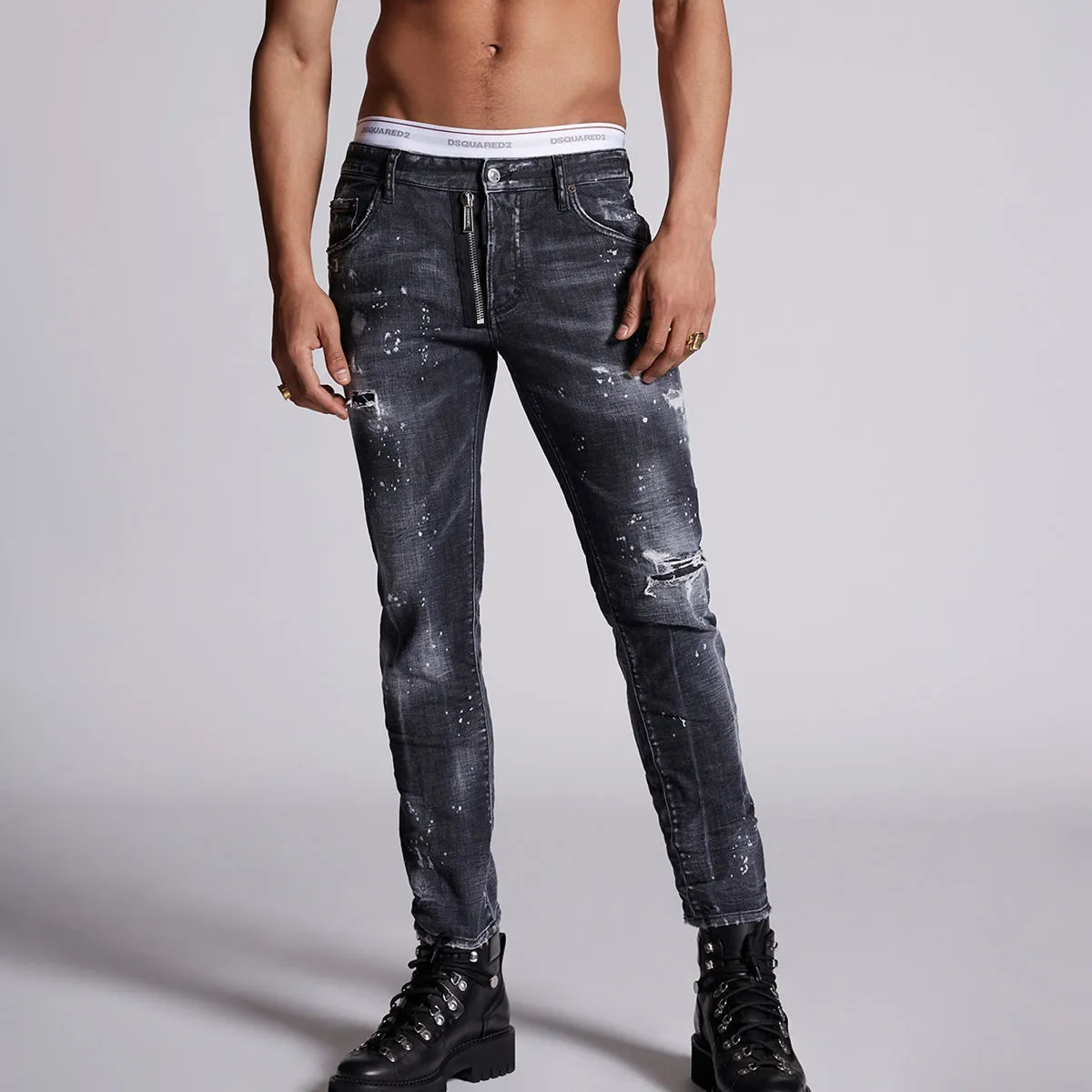 DSQUARED2 - Black Powder Zip Wash Skater Jeans in Grey Light Layers All Fit Design