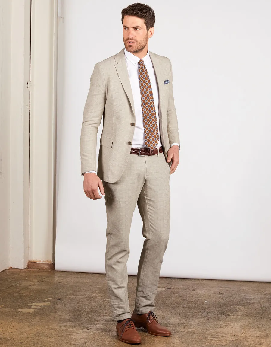 Enz Beige Check Linen Blend Trouser Form Fitting