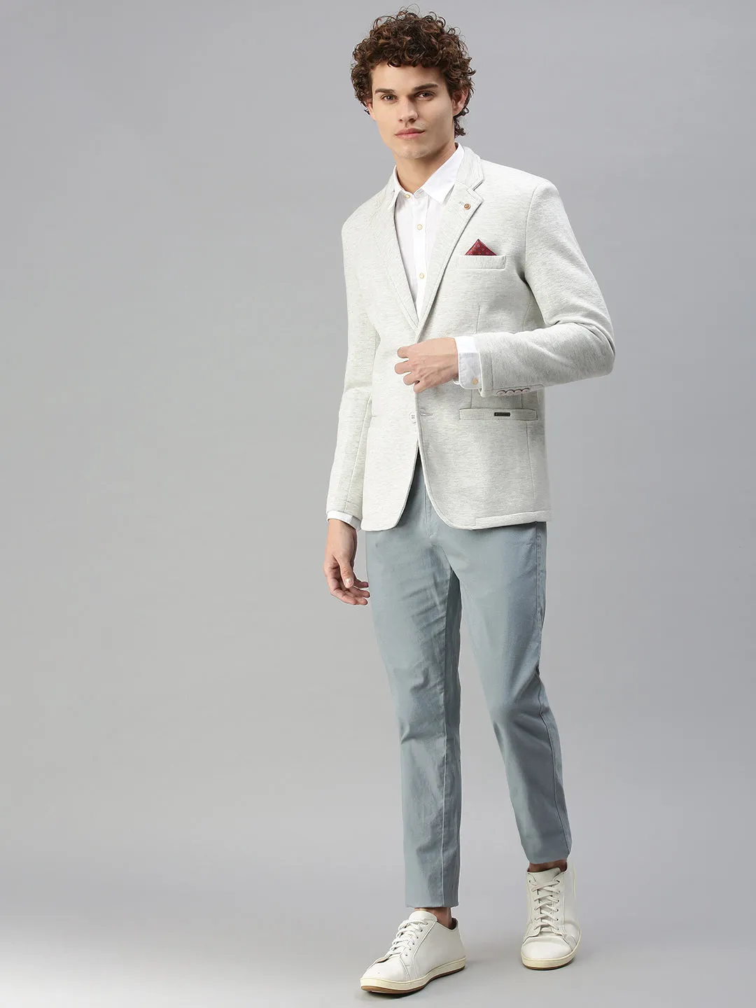 Flexible Layer System All Year Use Men's Off White Solid Single-Breasted Slim-Fit Blazer