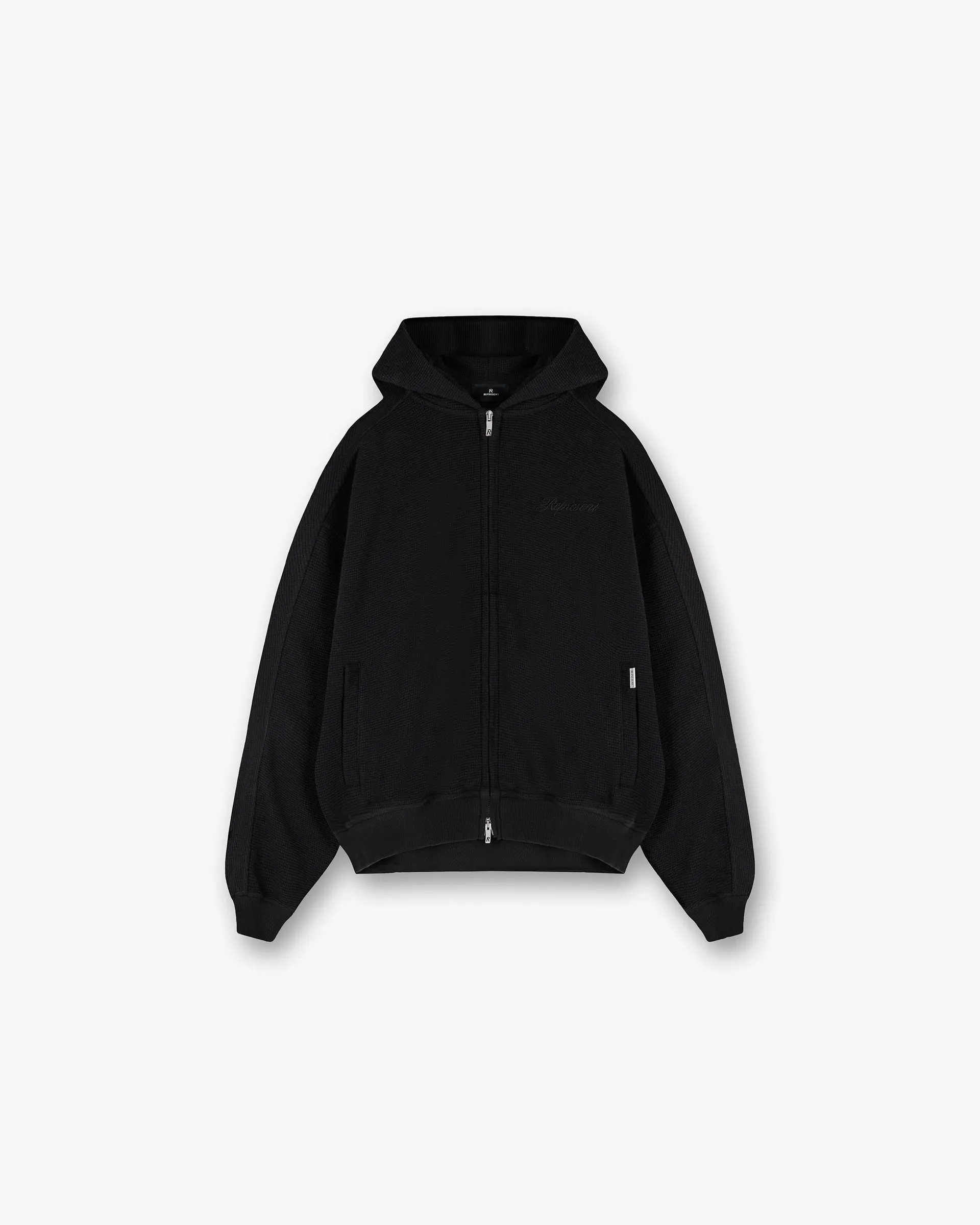 Chambray Waffle Zip Through Hoodie - Jet Black