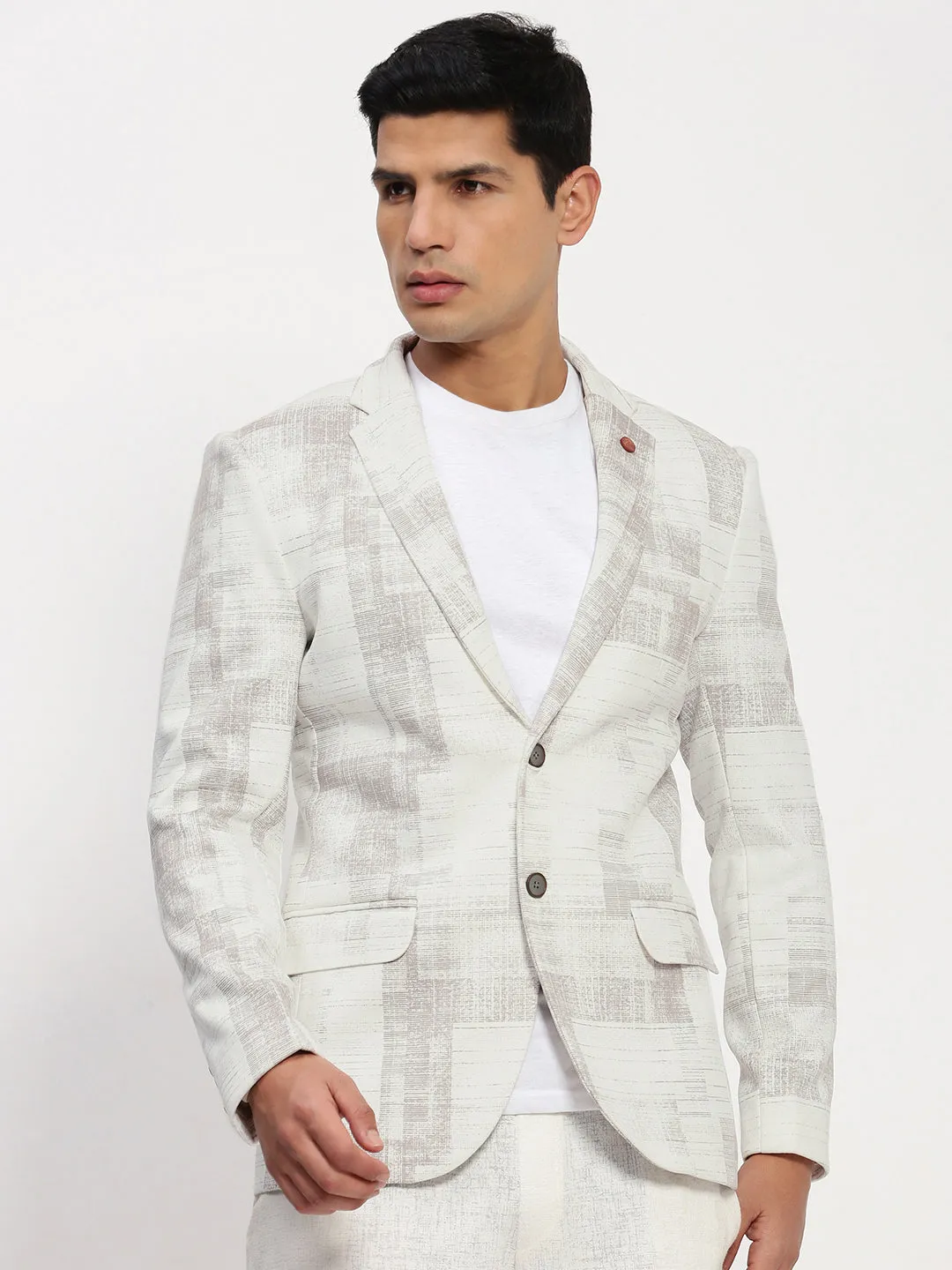 Soft Touch Lining High Collar Men's Off White Printed Single Breasted Blazer