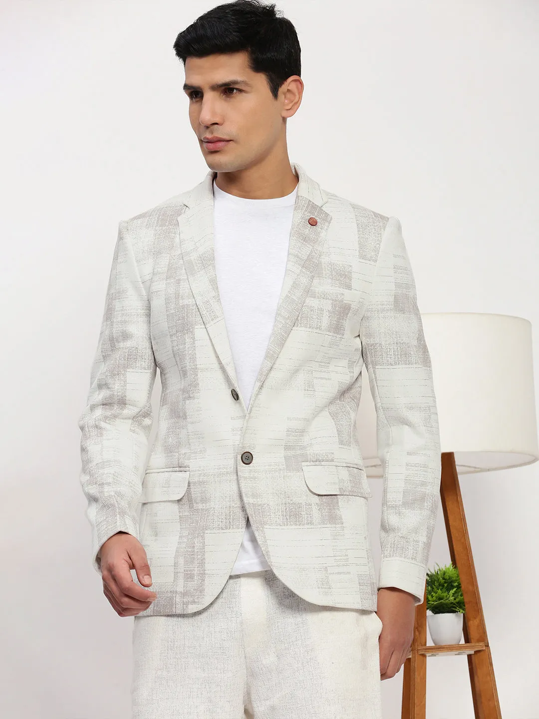 Microfiber texture DetachableLining Men's Off White Printed Single Breasted Blazer