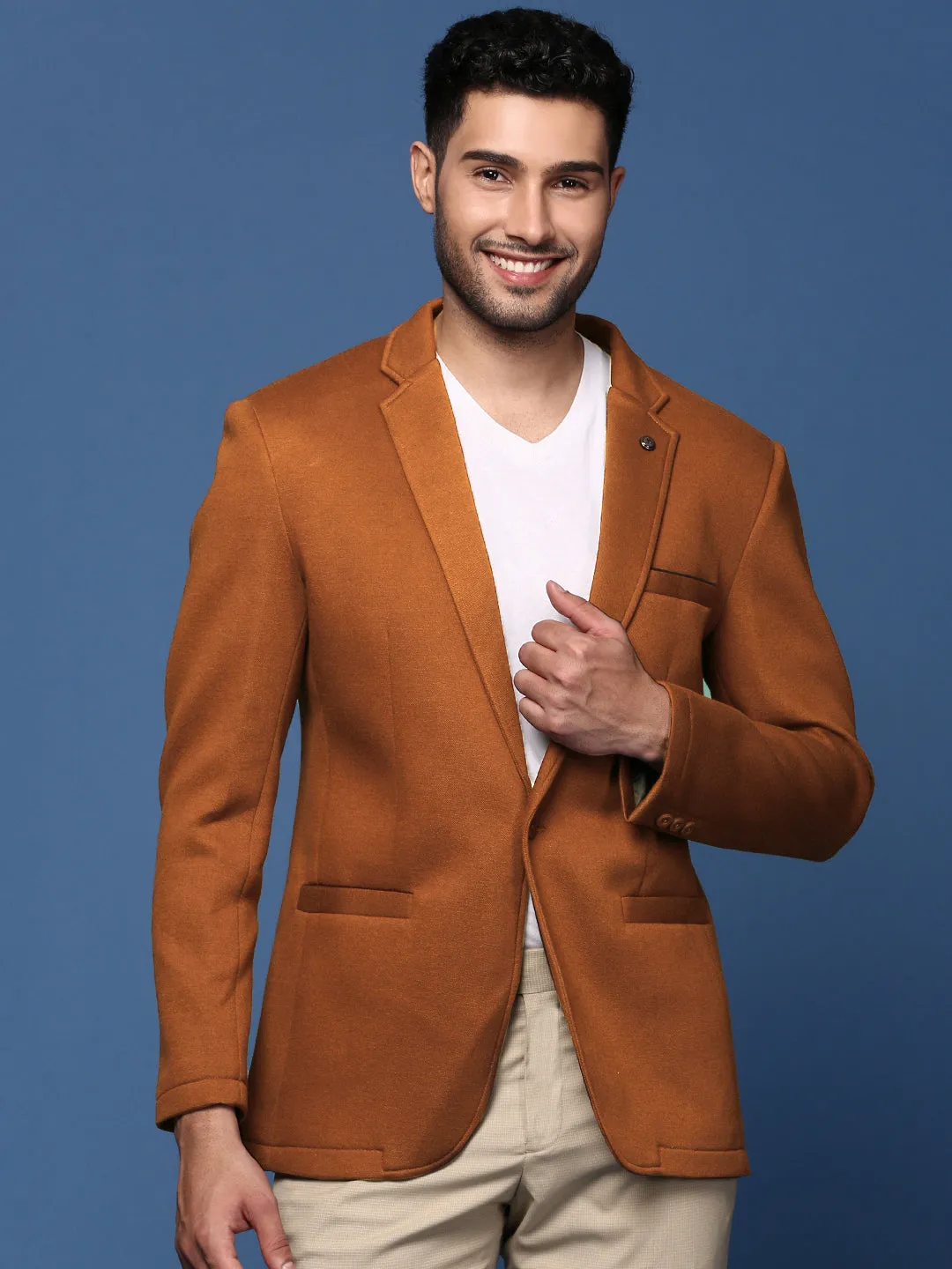 Static Dissipating Threading Men's Camel Brown Solid Single Breasted Blazer