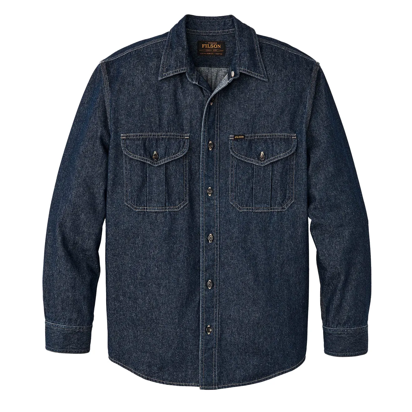 Layered Collar Minimal Look Filson Denim Guide Shirt Rinse Indigo
