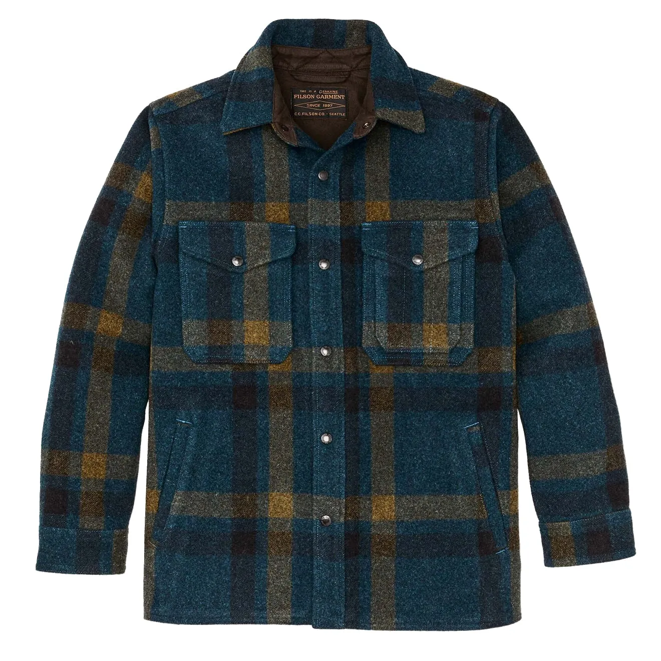 Filson Lined Mackinaw Jac-Shirt Teal / Ochre Plaid crew neck Double Stitched Hems