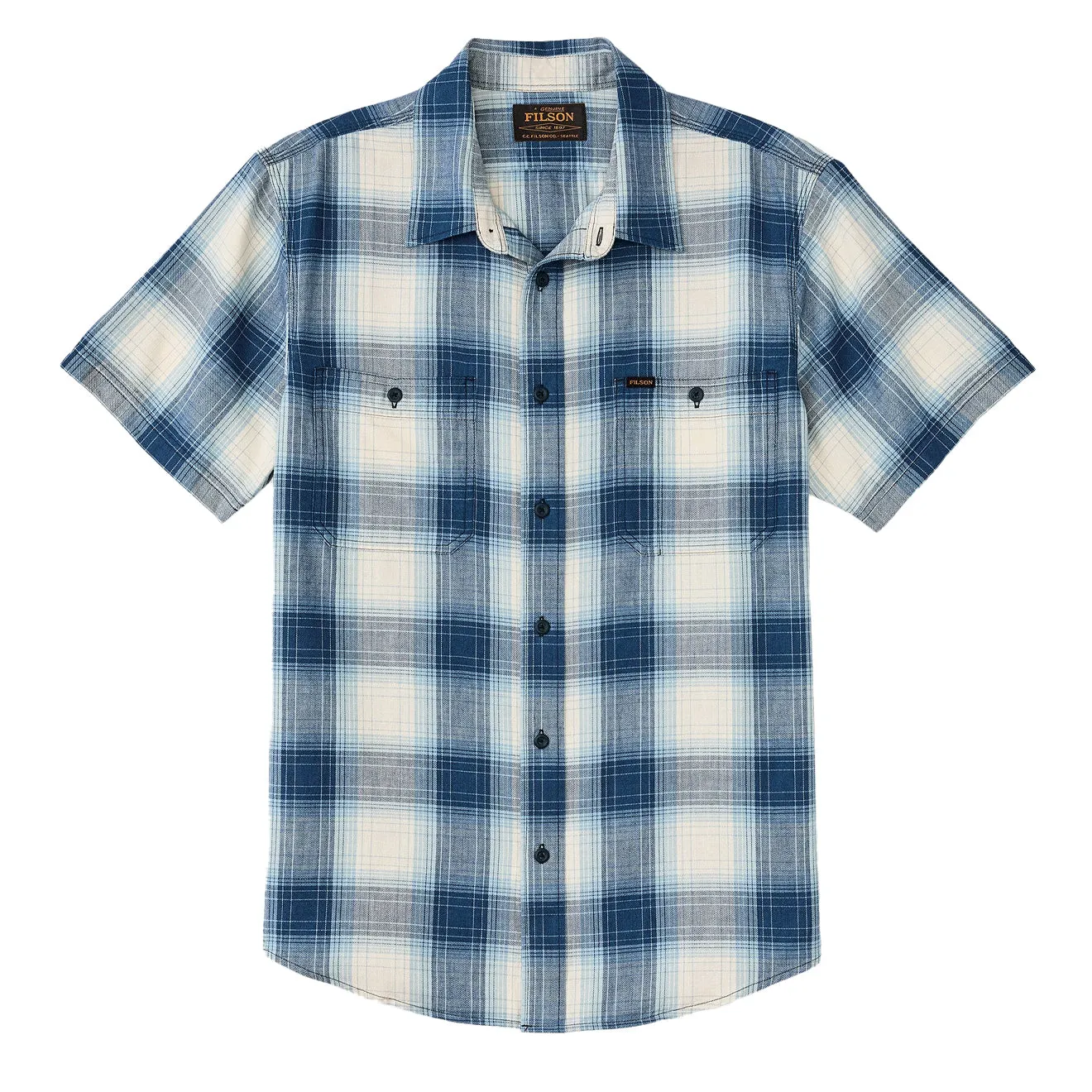 Filson Short Sleeve Chambray Shirt Indigo Plaid Traveler??s Choice Printed Pattern