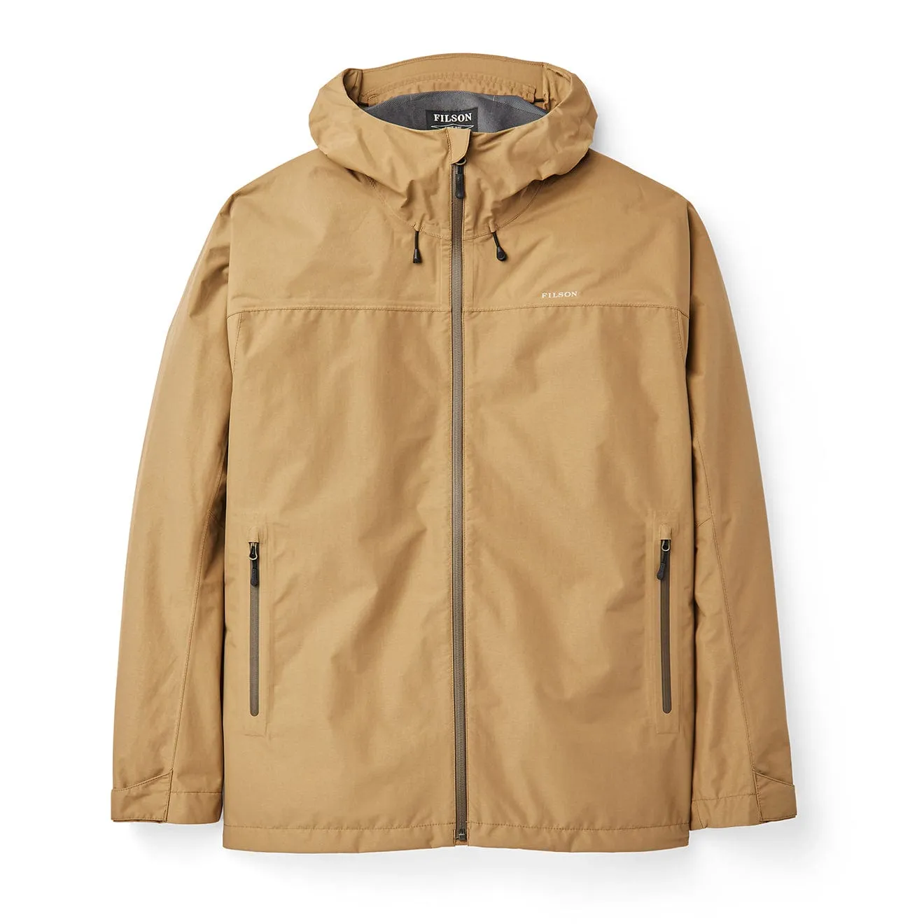 Double Layered Collar Compact Travel Friendly Filson Swiftwater Rain Jacket Dark Tan