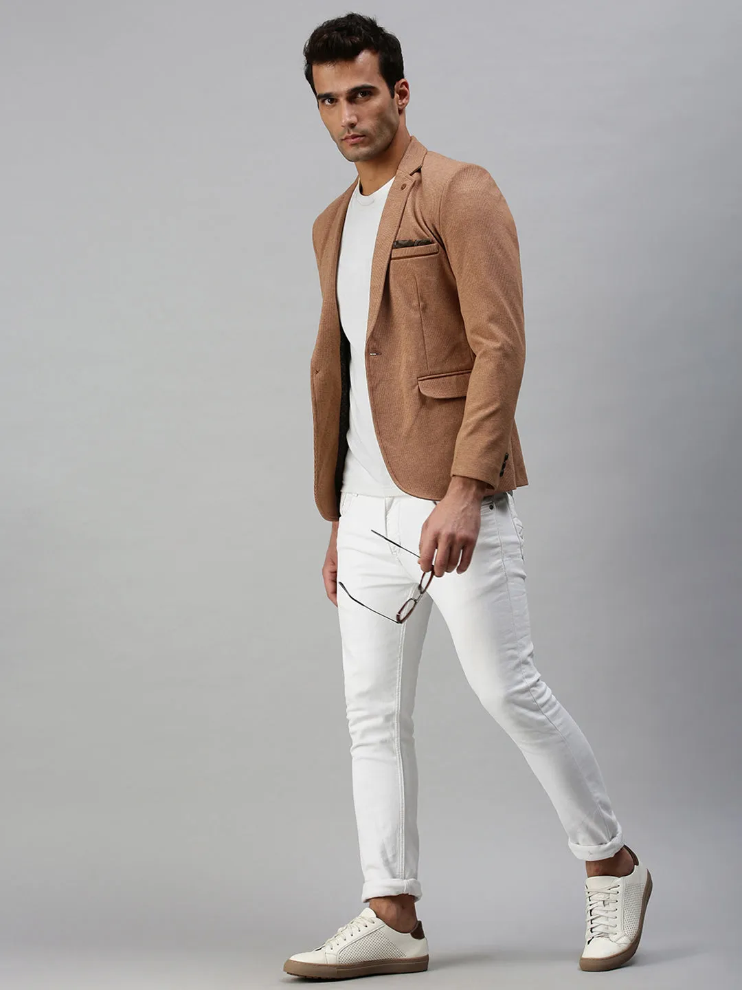 Quilted Insulation Ventilation Vents Men's Brown Solid Slim-Fit Single-Breasted Casual Blazer