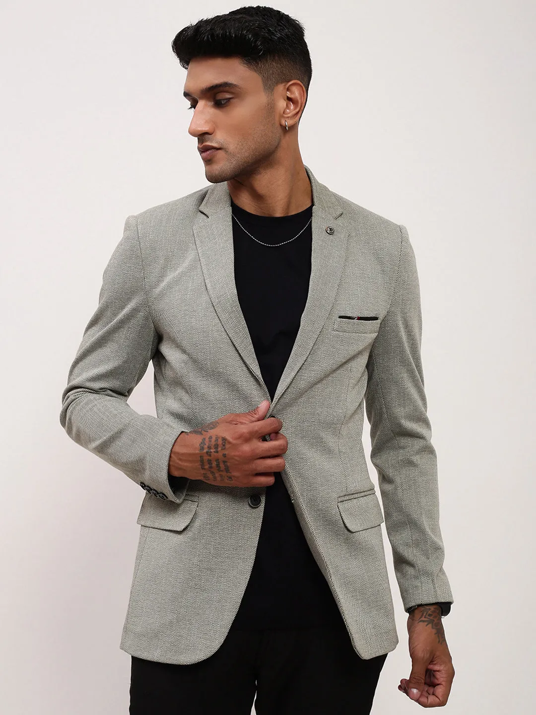 Men's Grey Self Design Single-Breasted Slim Fit Cotton Blazer Wrinkle resistant fabric