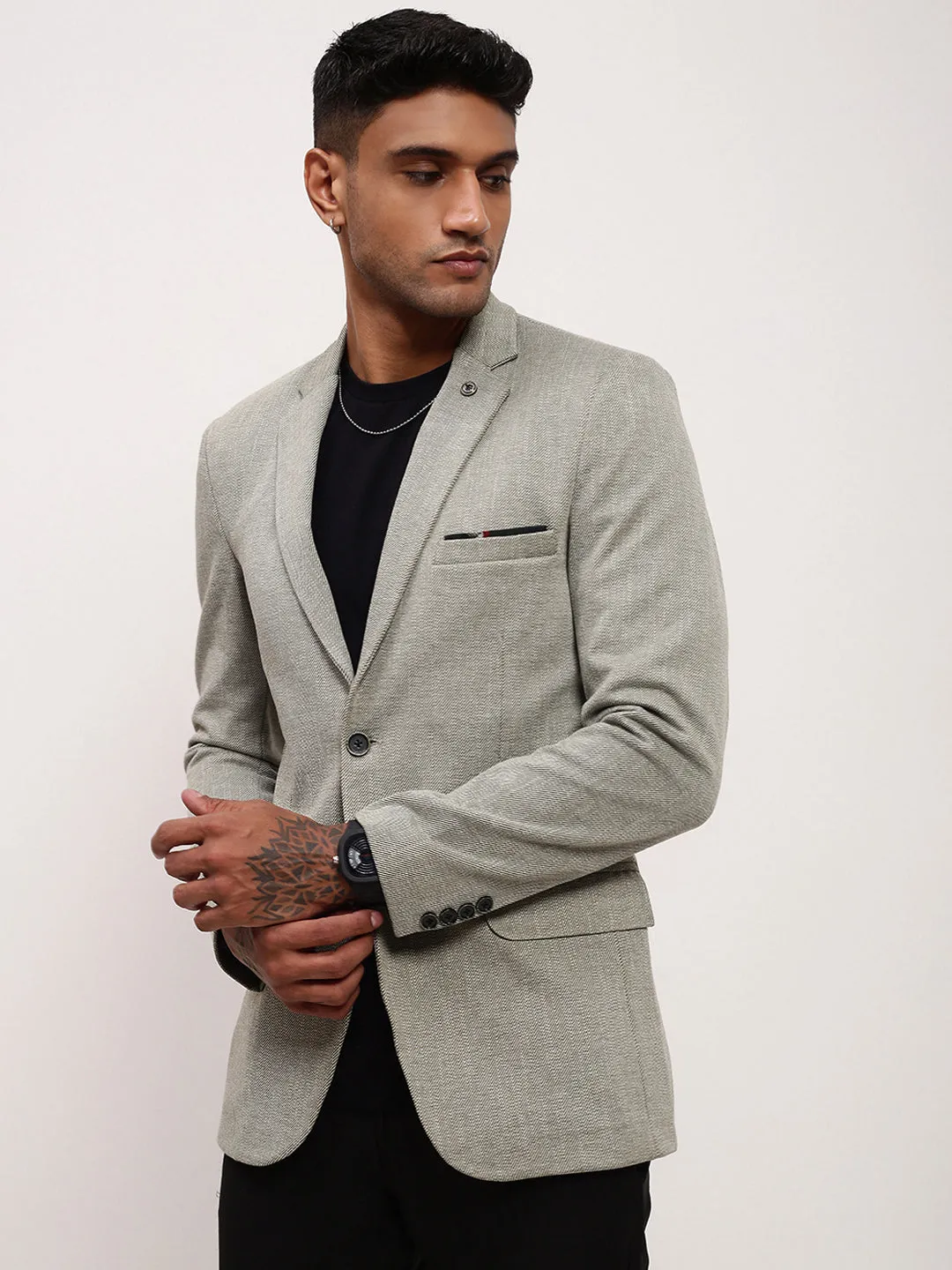 Full Zip Closure Lightweight Warmth Core Men's Grey Self Design Single-Breasted Slim Fit Cotton Blazer
