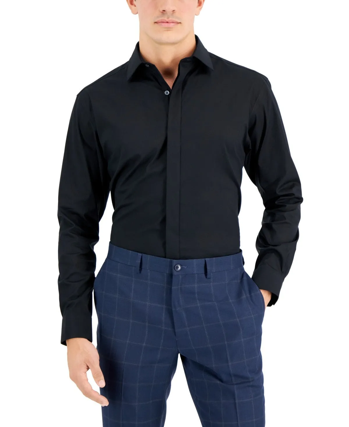 Flexible Material Alfani Dress Shirt Men's Black Regular Fit Long Sleeve Button-Up Formal FTS325