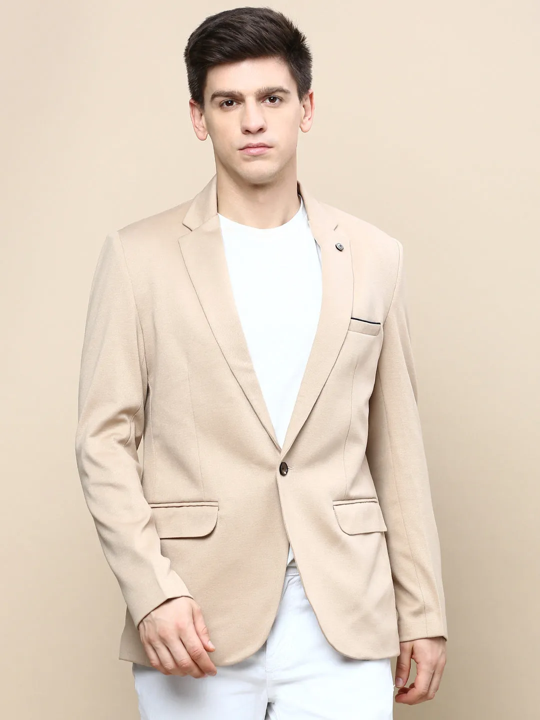Thermal Insulated Moisture Wicking Layer Men's Beige Notched Lapel Slim-Fit Single Breasted Blazer