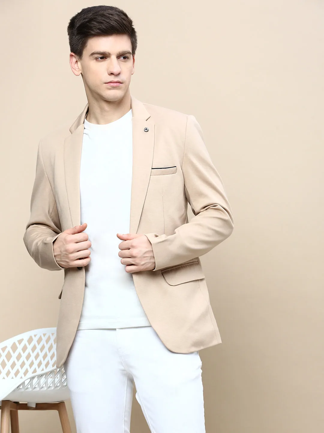 Men's Beige Notched Lapel Slim-Fit Single Breasted Blazer High Loft Insulation No Collar