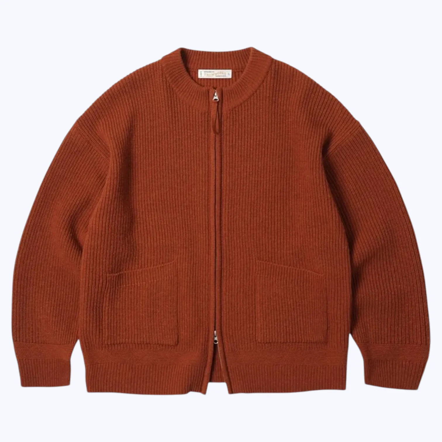 ElasticCuffDesign Sharp Line Frizmworks Wool Deck Zip Up Cardigan Brick