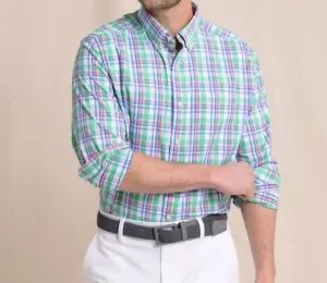 V-neck style Polished Style Gaspee Plaid Intercoastal Long Sleeve Sport Shirt In Simply Green