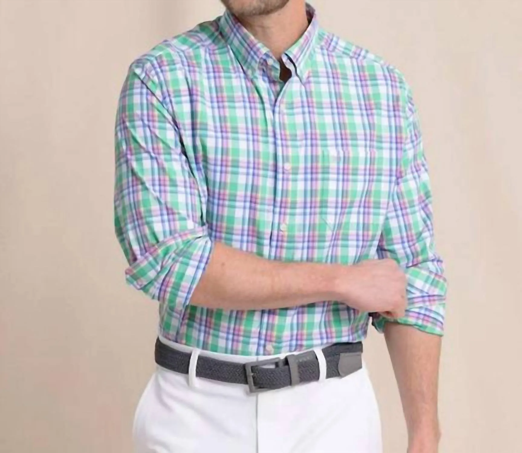 Comfort Fit Gaspee Plaid Intercoastal Long Sleeve Sport Shirt In Simply Green