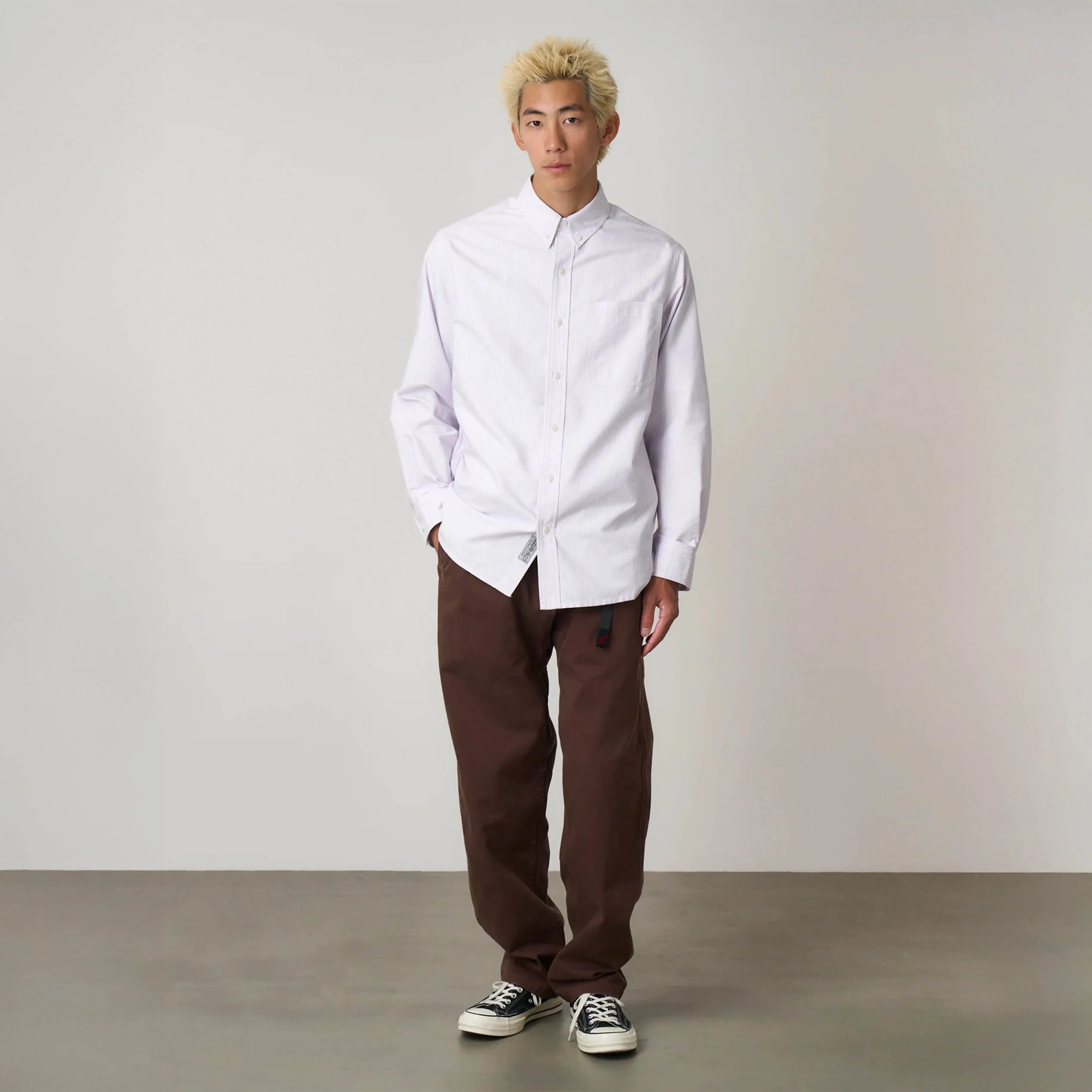 Gramicci Oxford Button Down Stance Shirt Iris Stripe Polo Style Sustainable fashion