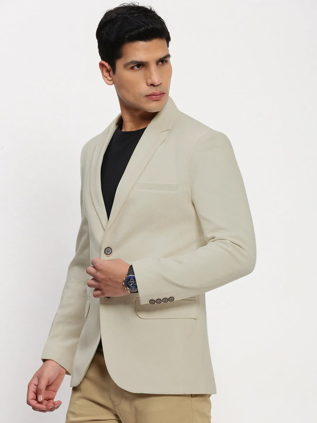 Non Restrictive Silhouette Men's Beige Solid Single Breasted Blazer