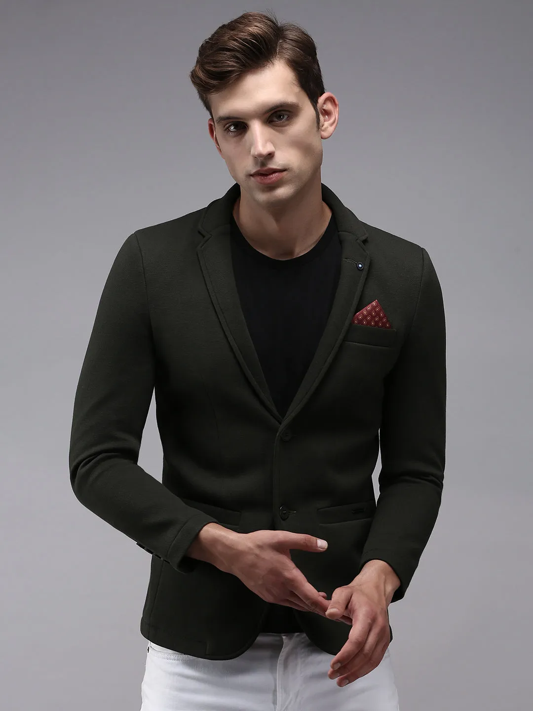 Men's Olive Solid Single Breasted Blazers Durable AbrasionResistant Panels HighNeckDesign