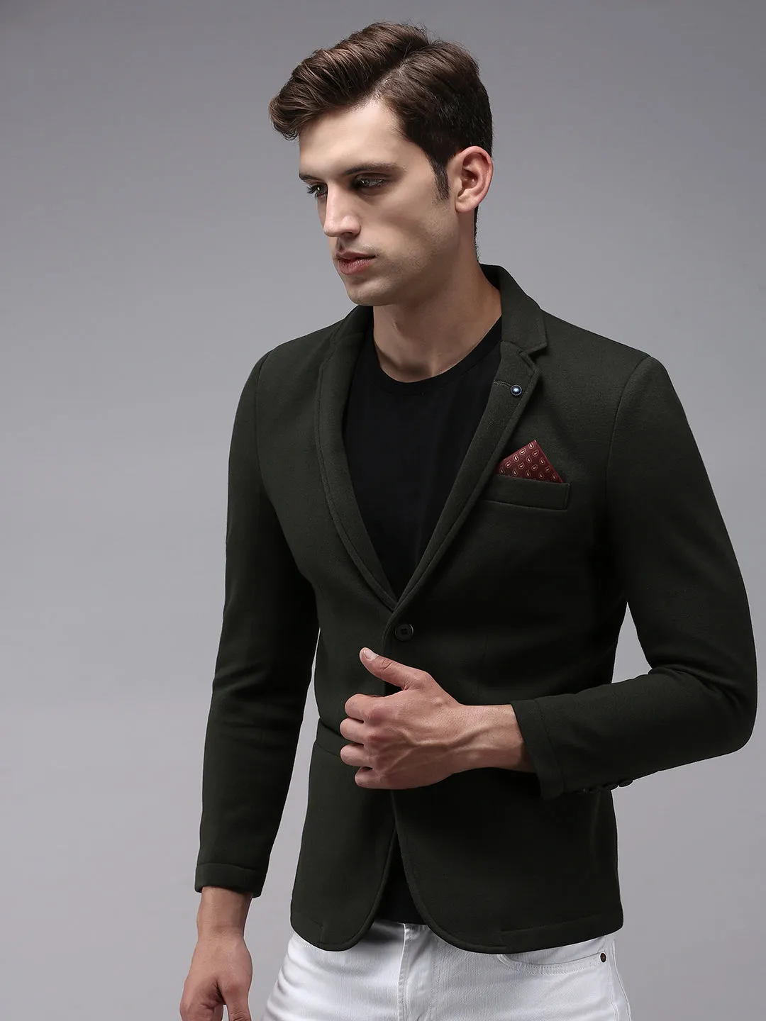 Men's Olive Solid Single Breasted Blazers Compact Packable Feature