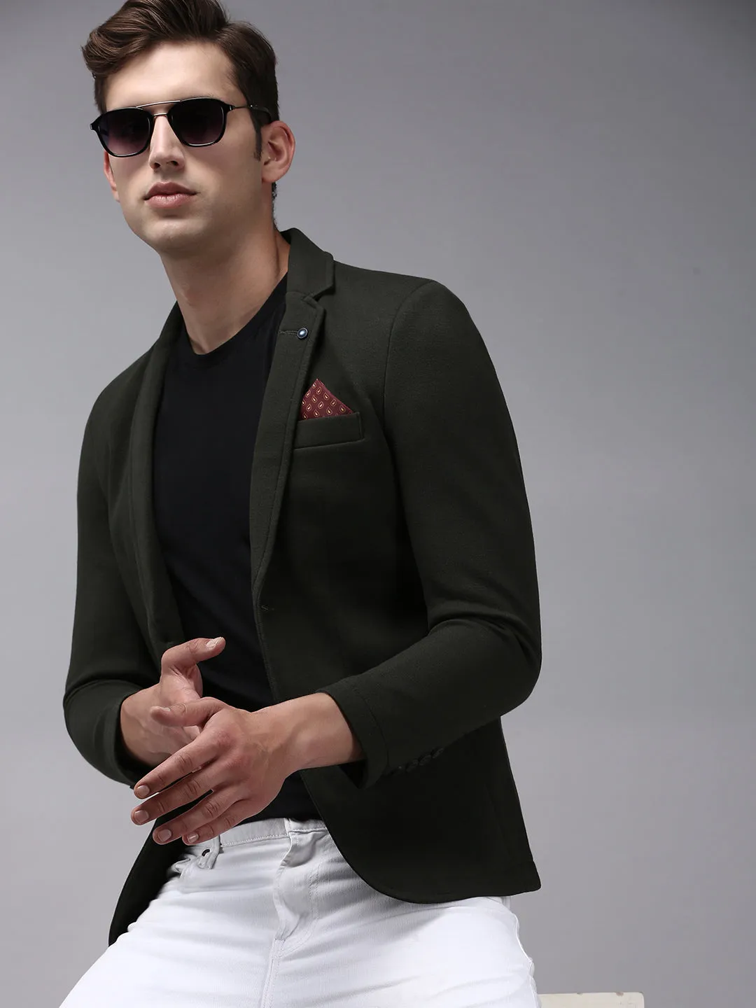 Men's Olive Solid Single Breasted Blazers Sustainable Recycled Material