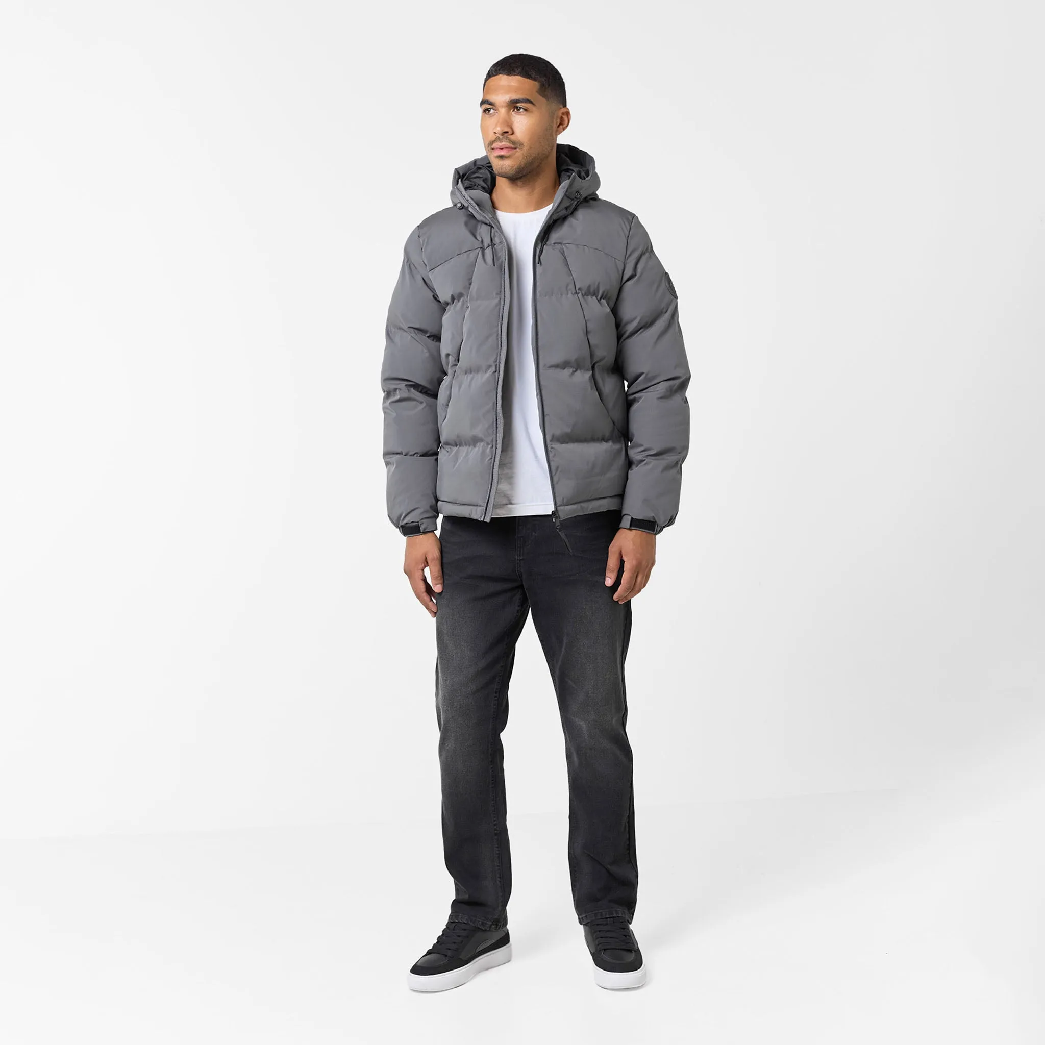 Street Comfort Fit Windproof Construction Ripstop Racer Puffer Jacket | Charcoal